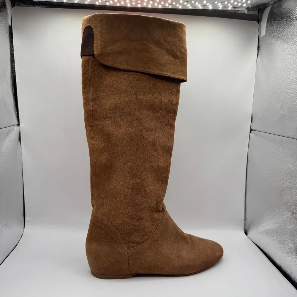 Over The Knee Boots Womens 38 Tan Brown Leather Flat Fold Over Cuff Italy